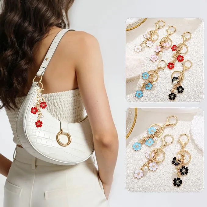 Charm Flower Pearl Bag Accessories Keychains Pink White Black Blue Red - (5pcs)