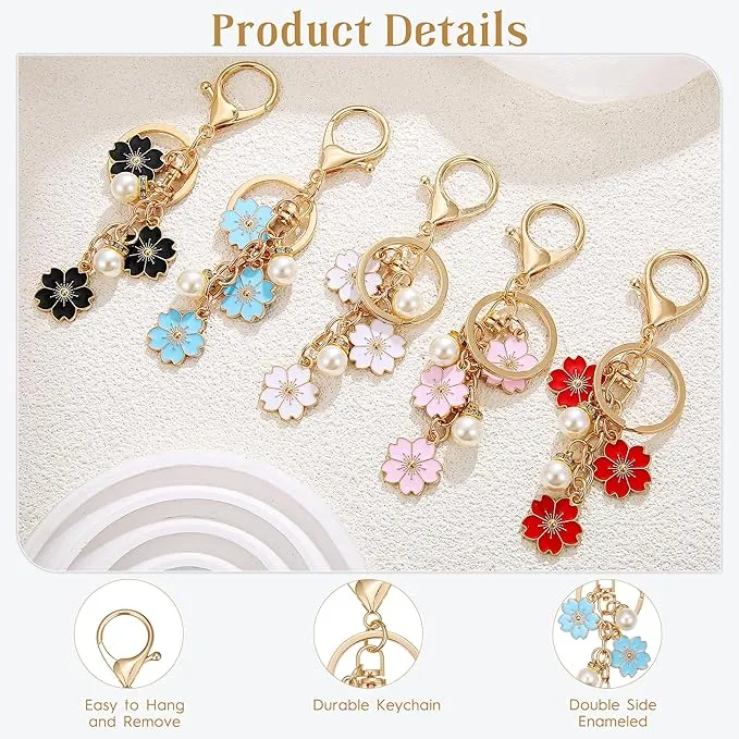 Charm Flower Pearl Bag Accessories Keychains Pink White Black Blue Red - (5pcs)