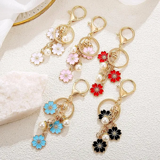 Charm Flower Pearl Bag Accessories Keychains Pink White Black Blue Red - (5pcs)