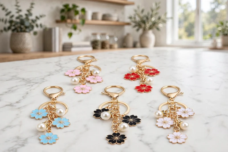 Charm Flower Pearl Bag Accessories Keychains Pink White Black Blue Red - (5pcs)