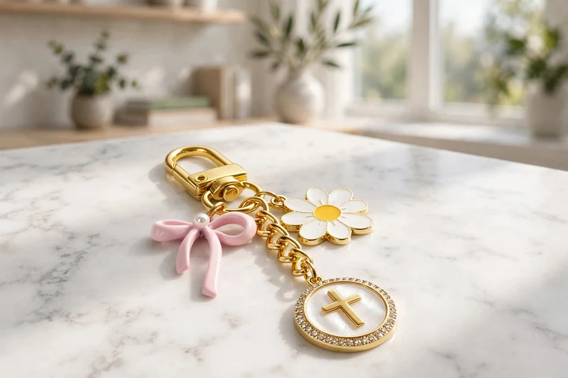Christian Gold Cross Bow Flower Bag Charm Purse Keychain for Women