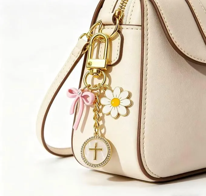 Christian Gold Cross Bow Flower Bag Charm Purse Keychain for Women