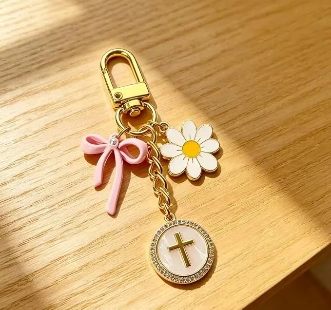 Christian Gold Cross Bow Flower Bag Charm Purse Keychain for Women