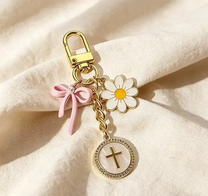 Christian Gold Cross Bow Flower Bag Charm Purse Keychain for Women