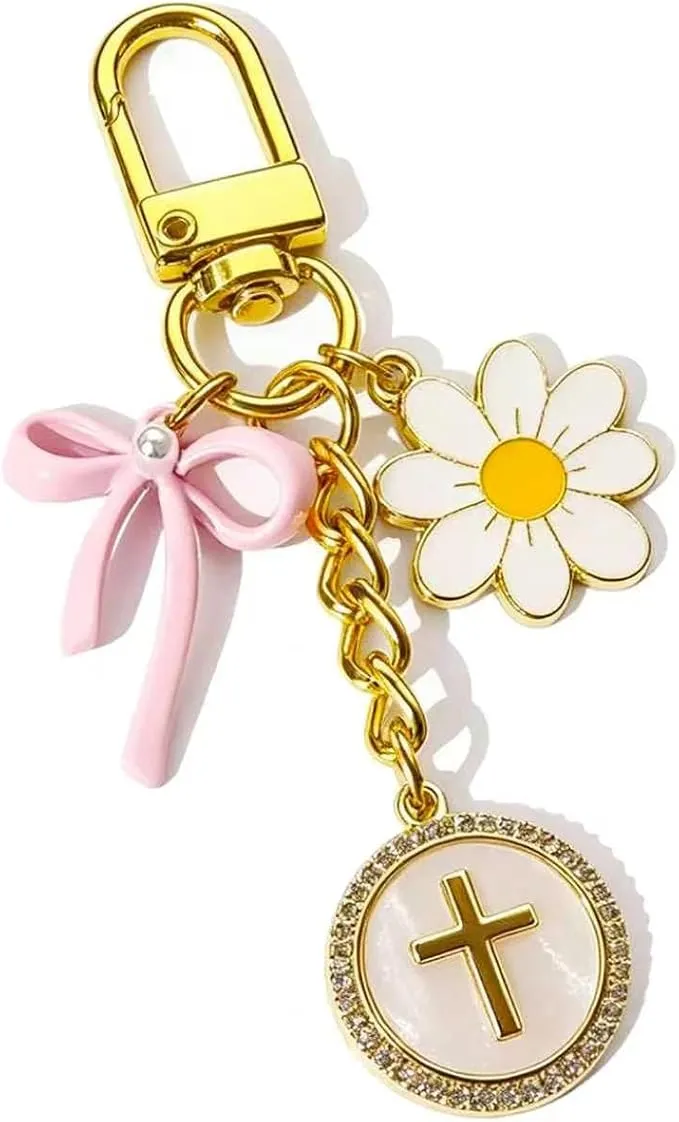 Christian Gold Cross Bow Flower Bag Charm Purse Keychain for Women