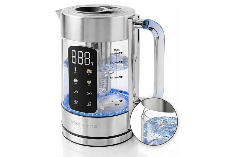 Digital Glass Electric Tea Kettle 1.7L w/ Color-Changing LED Lights Temperature Control, Double-Wall Cool Touch, 4 Presets, Keep Warm, Tea Infuser & Boil-Dry Protection - (Silver)