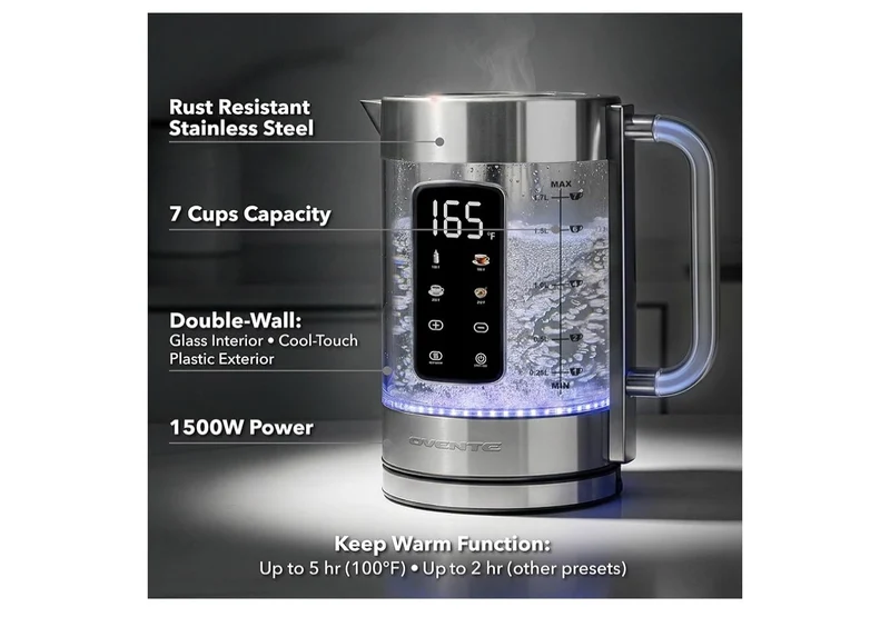Digital Glass Electric Tea Kettle 1.7L w/ Color-Changing LED Lights Temperature Control, Double-Wall Cool Touch, 4 Presets, Keep Warm, Tea Infuser & Boil-Dry Protection - (Silver)