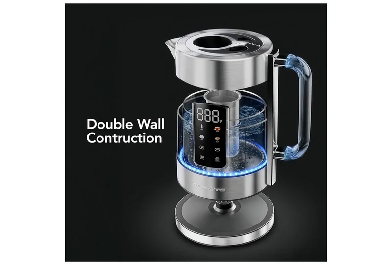 Digital Glass Electric Tea Kettle 1.7L w/ Color-Changing LED Lights Temperature Control, Double-Wall Cool Touch, 4 Presets, Keep Warm, Tea Infuser & Boil-Dry Protection - (Silver)