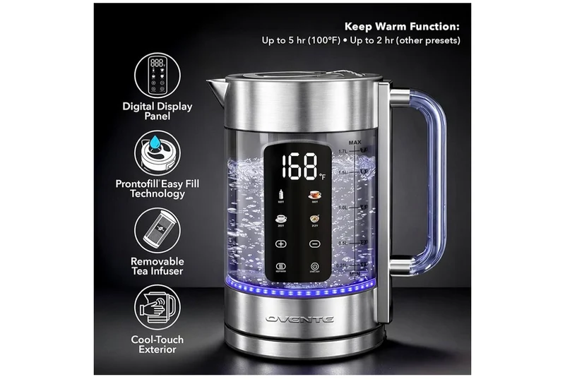 Digital Glass Electric Tea Kettle 1.7L w/ Color-Changing LED Lights Temperature Control, Double-Wall Cool Touch, 4 Presets, Keep Warm, Tea Infuser & Boil-Dry Protection - (Silver)