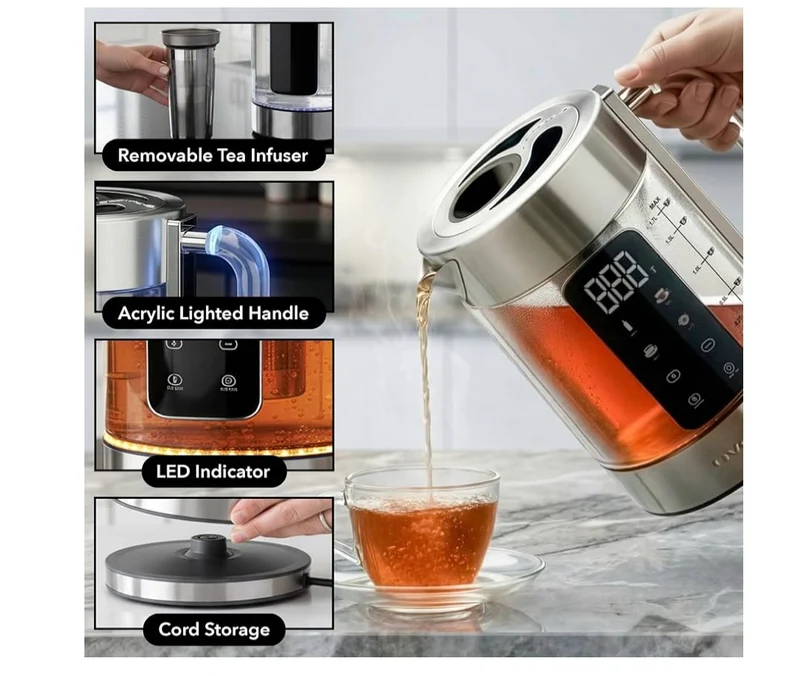Digital Glass Electric Tea Kettle 1.7L w/ Color-Changing LED Lights Temperature Control, Double-Wall Cool Touch, 4 Presets, Keep Warm, Tea Infuser & Boil-Dry Protection - (Silver)