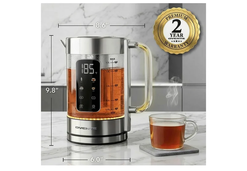 Digital Glass Electric Tea Kettle 1.7L w/ Color-Changing LED Lights Temperature Control, Double-Wall Cool Touch, 4 Presets, Keep Warm, Tea Infuser & Boil-Dry Protection - (Silver)