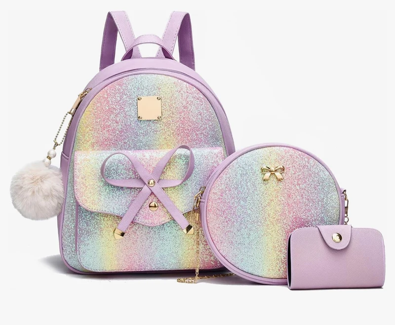 iGirls Bowknot 3-Pieces Fashion Leather Backpack Backpack Purse for Women Rucksack for Ladies Shoulder Bag - ( Glitter Purple )