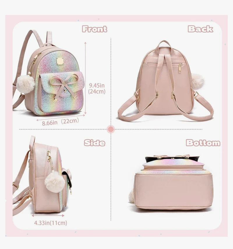 iGirls Bowknot 3-Pieces Fashion Leather Backpack Backpack Purse for Women Rucksack for Ladies Shoulder Bag - ( Glitter Purple )