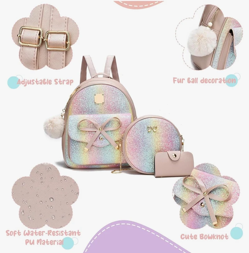 iGirls Bowknot 3-Pieces Fashion Leather Backpack Backpack Purse for Women Rucksack for Ladies Shoulder Bag - ( Glitter Purple )