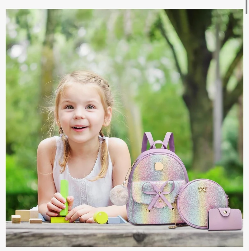 iGirls Bowknot 3-Pieces Fashion Leather Backpack Backpack Purse for Women Rucksack for Ladies Shoulder Bag - ( Glitter Purple )