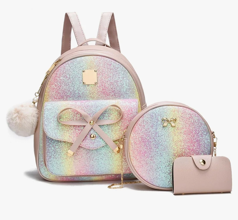 iGirls Bowknot 3-Pieces Fashion Leather Backpack Backpack Purse for Women Rucksack for Ladies Shoulder Bag - ( Glitter P. )