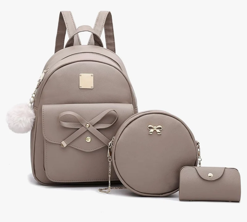 iGirls Bowknot 3-Pieces Fashion Leather Backpack Backpack Purse for Women Rucksack for Ladies Shoulder Bag - (D. Apricot)