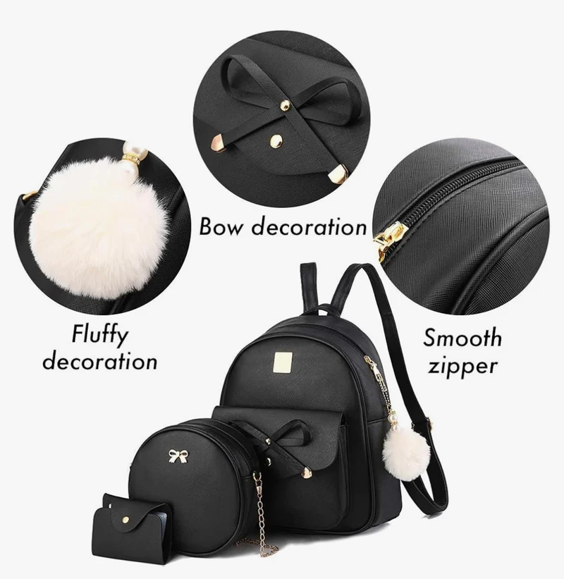iGirls Bowknot 3-Pieces Fashion Leather Backpack Backpack Purse for Women Rucksack for Ladies Shoulder Bag - (D. Apricot)