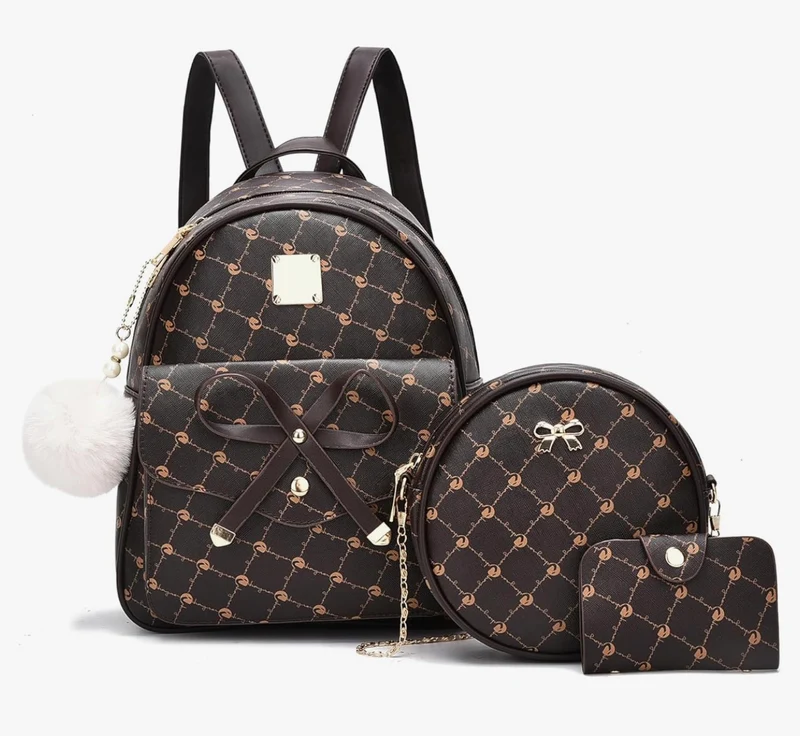 iGirls Bowknot 3-Pieces Fashion Leather Backpack Backpack Purse for Women Rucksack for Ladies Shoulder Bag - (Coffee)