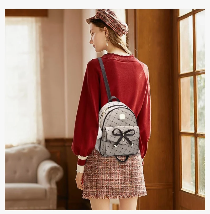 iGirls Bowknot 3-Pieces Fashion Leather Backpack Backpack Purse for Women Rucksack for Ladies Shoulder Bag - (Coffee)