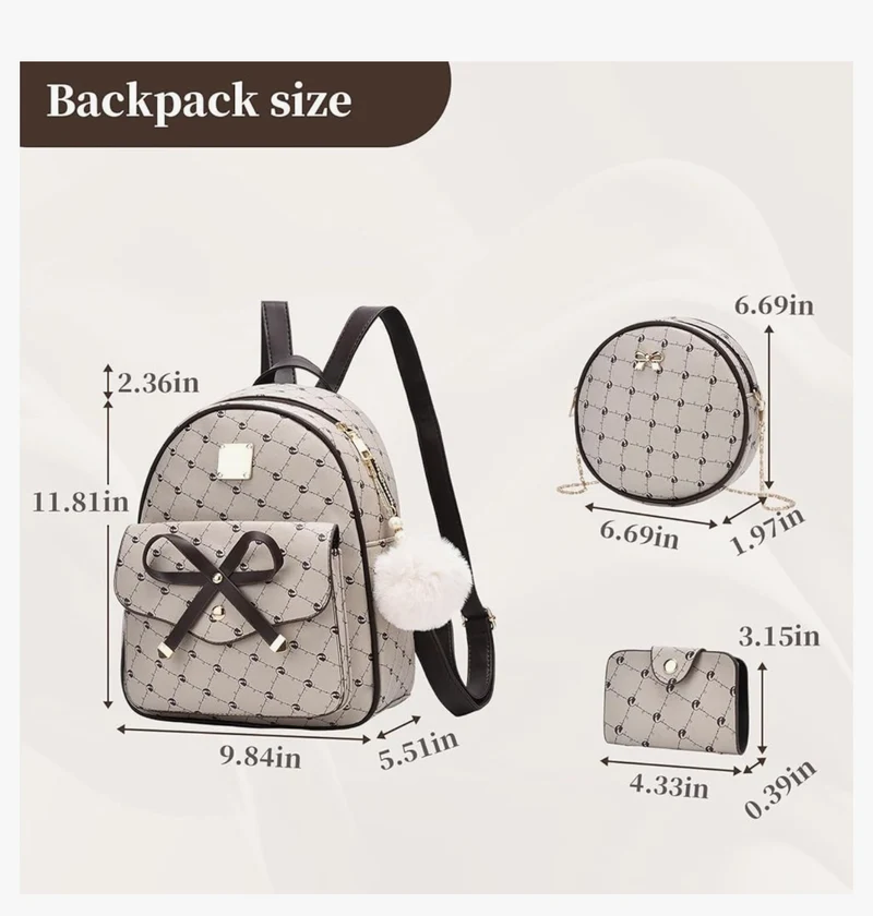 iGirls Bowknot 3-Pieces Fashion Leather Backpack Backpack Purse for Women Rucksack for Ladies Shoulder Bag - (Coffee)