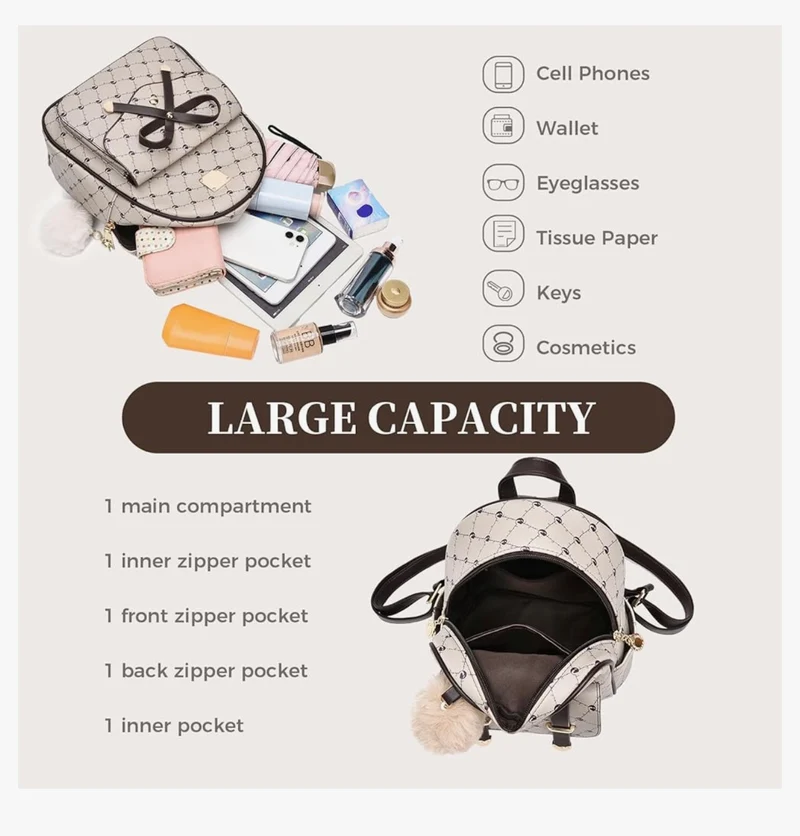 iGirls Bowknot 3-Pieces Fashion Leather Backpack Backpack Purse for Women Rucksack for Ladies Shoulder Bag - (Coffee)