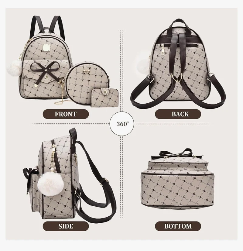 iGirls Bowknot 3-Pieces Fashion Leather Backpack Backpack Purse for Women Rucksack for Ladies Shoulder Bag - (Coffee)