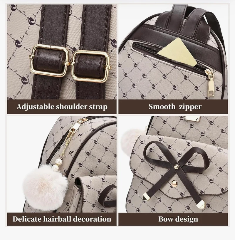 iGirls Bowknot 3-Pieces Fashion Leather Backpack Backpack Purse for Women Rucksack for Ladies Shoulder Bag - (Coffee)