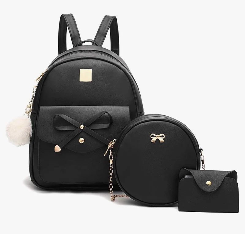 iGirls Bowknot 3-Pieces Fashion Leather Backpack Backpack Purse for Women Rucksack for Ladies Shoulder Bag - (Black)