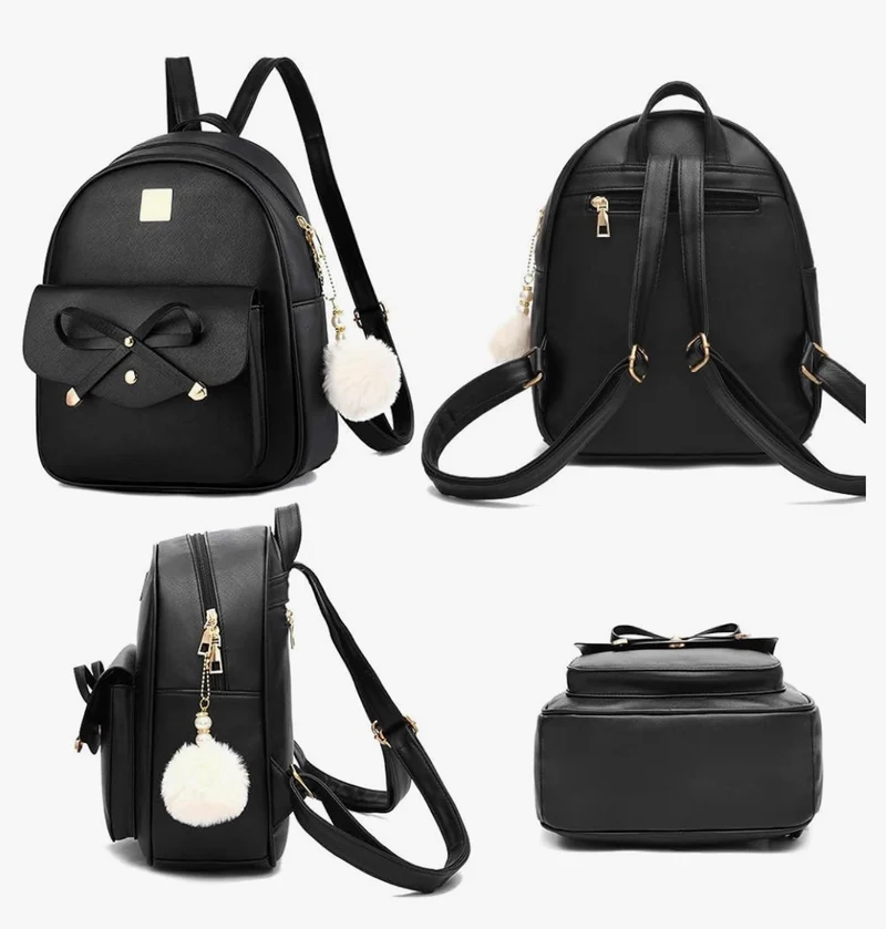 iGirls Bowknot 3-Pieces Fashion Leather Backpack Backpack Purse for Women Rucksack for Ladies Shoulder Bag - (Black)
