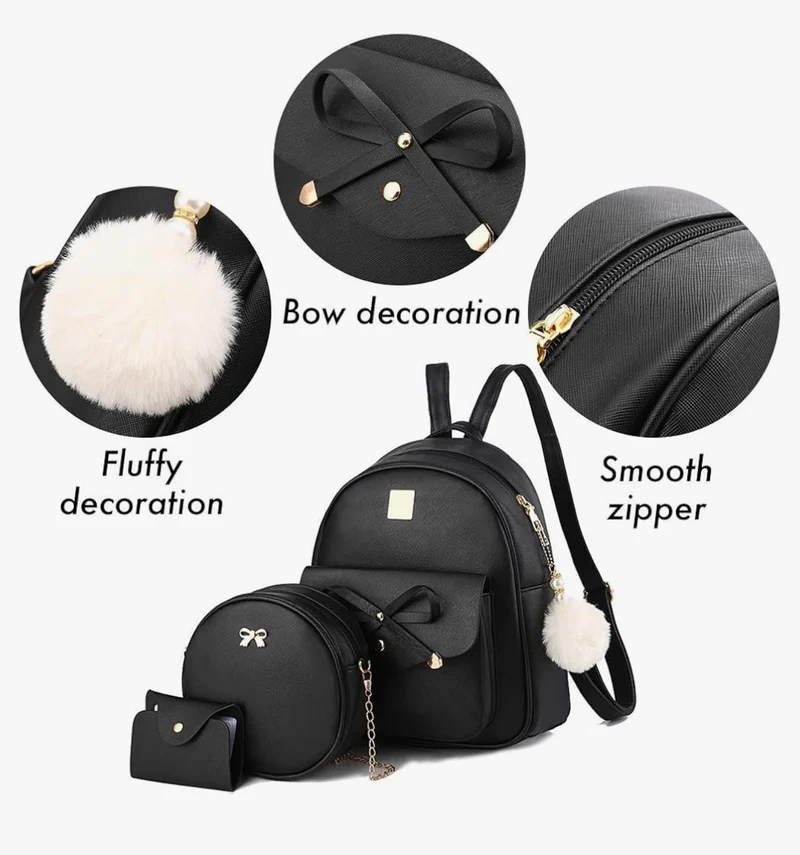 iGirls Bowknot 3-Pieces Fashion Leather Backpack Backpack Purse for Women Rucksack for Ladies Shoulder Bag - (Black)