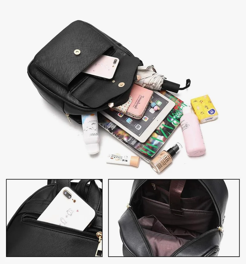 iGirls Bowknot 3-Pieces Fashion Leather Backpack Backpack Purse for Women Rucksack for Ladies Shoulder Bag - (Black)