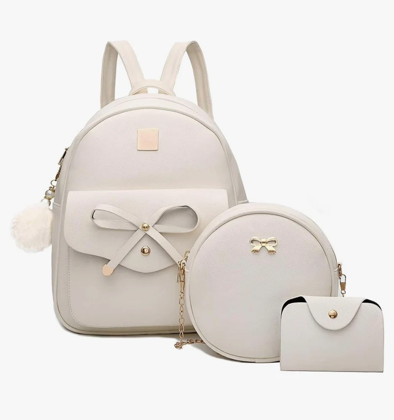 iGirls Bowknot 3-Pieces Fashion Leather Backpack Backpack Purse for Women Rucksack for Ladies Shoulder Bag - (Beige)