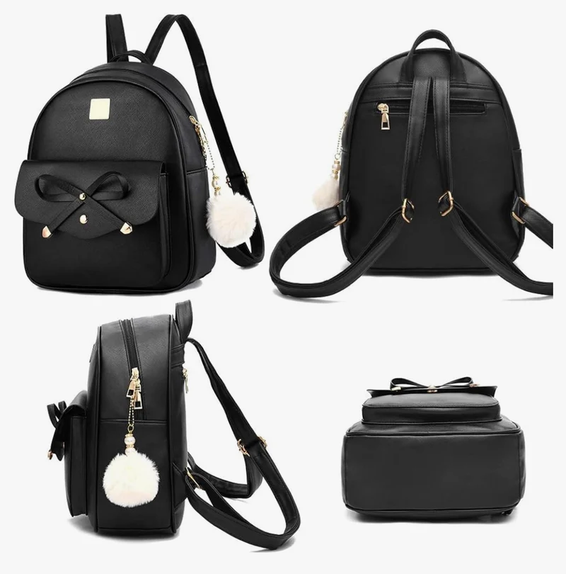 iGirls Bowknot 3-Pieces Fashion Leather Backpack Backpack Purse for Women Rucksack for Ladies Shoulder Bag - (Beige)