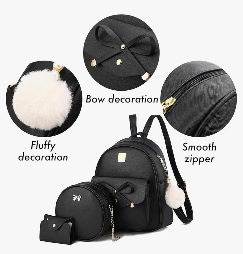 iGirls Bowknot 3-Pieces Fashion Leather Backpack Backpack Purse for Women Rucksack for Ladies Shoulder Bag - (Beige)