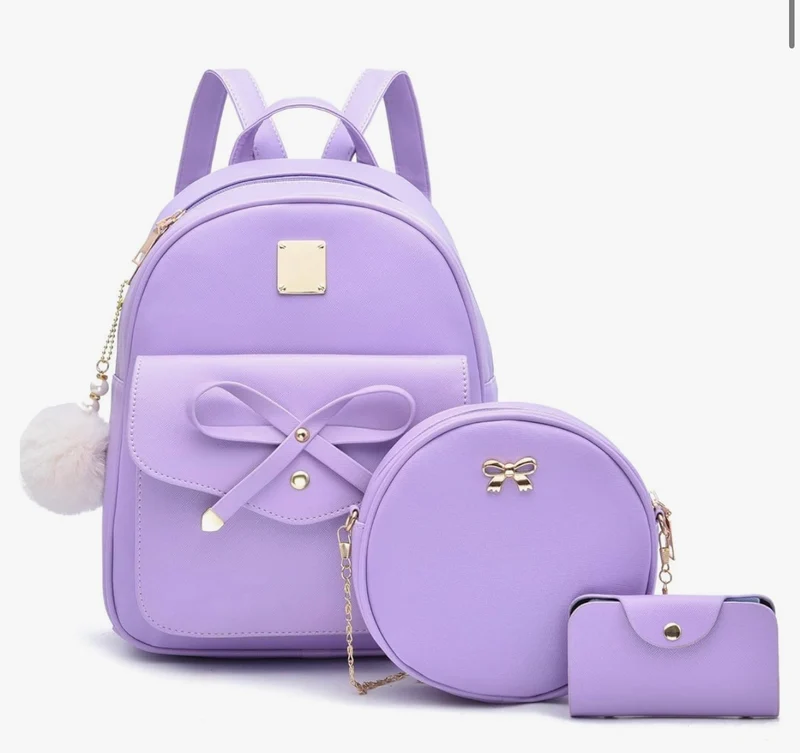 iGirls Bowknot 3-Pieces Fashion Leather Backpack Backpack Purse for Women Rucksack for Ladies Shoulder Bag - (Purple)