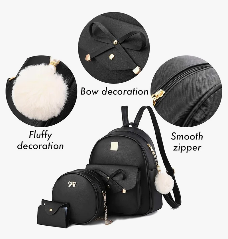 iGirls Bowknot 3-Pieces Fashion Leather Backpack Backpack Purse for Women Rucksack for Ladies Shoulder Bag - (Purple)