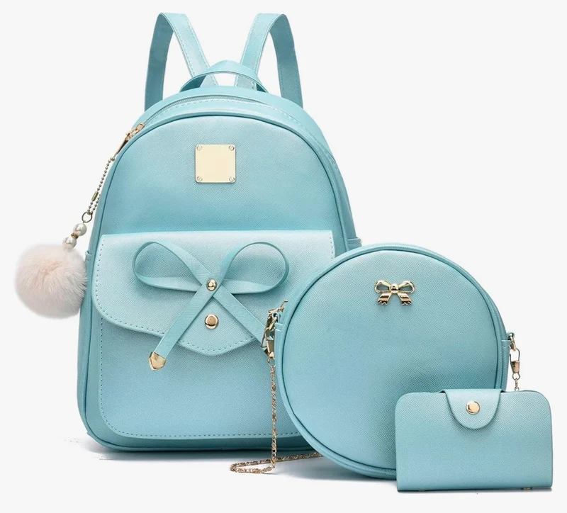 iGirls Bowknot 3-Pieces Fashion Leather Backpack Backpack Purse for Women Rucksack for Ladies Shoulder Bag - (Pearl B)