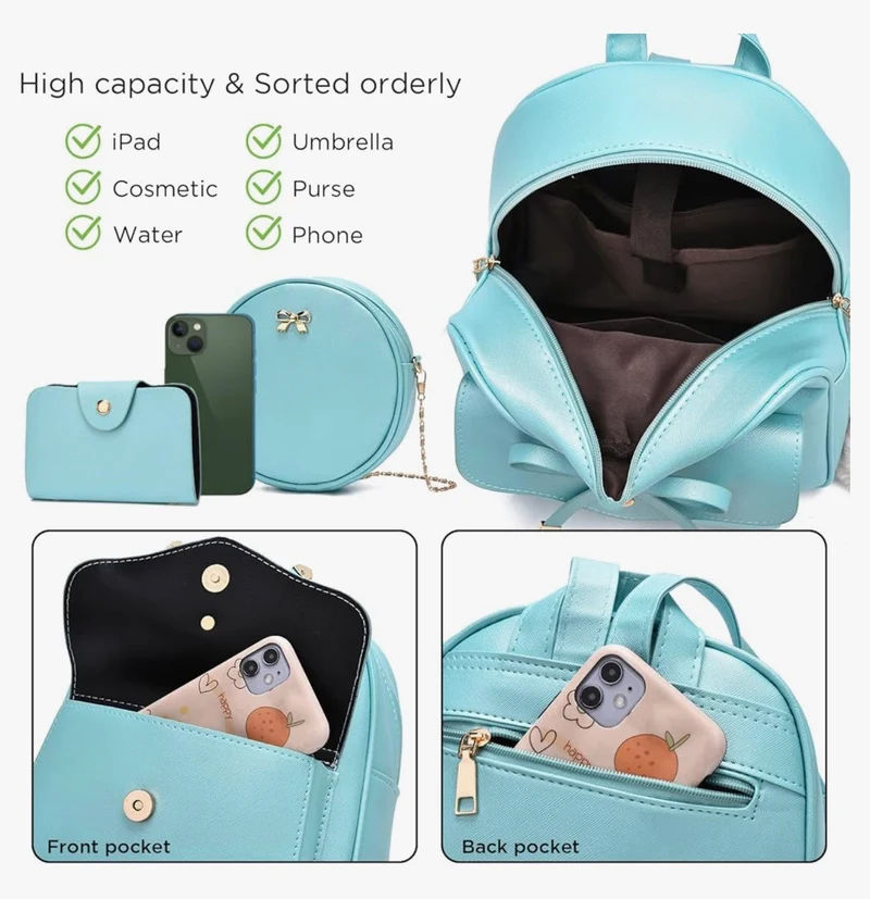 iGirls Bowknot 3-Pieces Fashion Leather Backpack Backpack Purse for Women Rucksack for Ladies Shoulder Bag - (Pearl B)