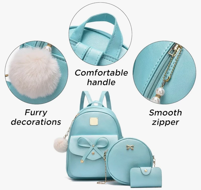 iGirls Bowknot 3-Pieces Fashion Leather Backpack Backpack Purse for Women Rucksack for Ladies Shoulder Bag - (Pearl B)