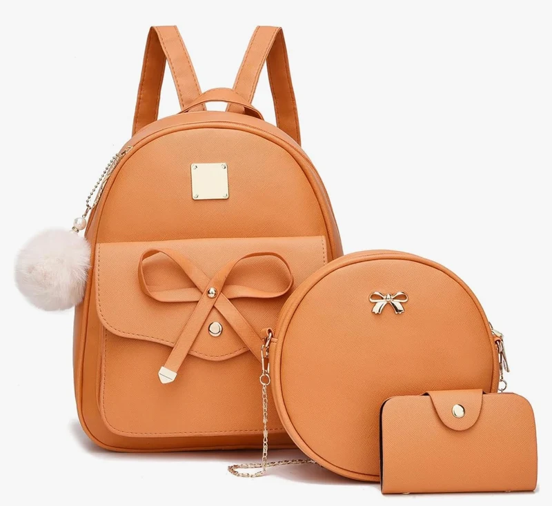 iGirls Bowknot 3-Pieces Fashion Leather Backpack Backpack Purse for Women Rucksack for Ladies Shoulder Bag - (Orange)