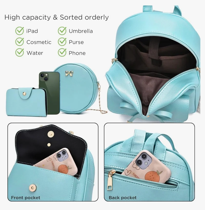 iGirls Bowknot 3-Pieces Fashion Leather Backpack Backpack Purse for Women Rucksack for Ladies Shoulder Bag - (Orange)