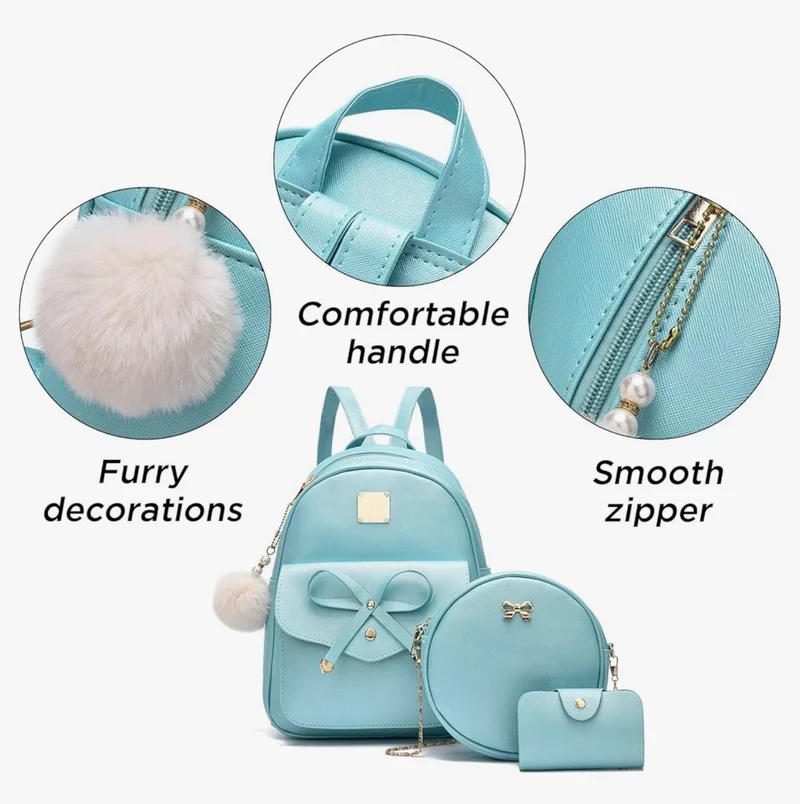 iGirls Bowknot 3-Pieces Fashion Leather Backpack Backpack Purse for Women Rucksack for Ladies Shoulder Bag - (Orange)