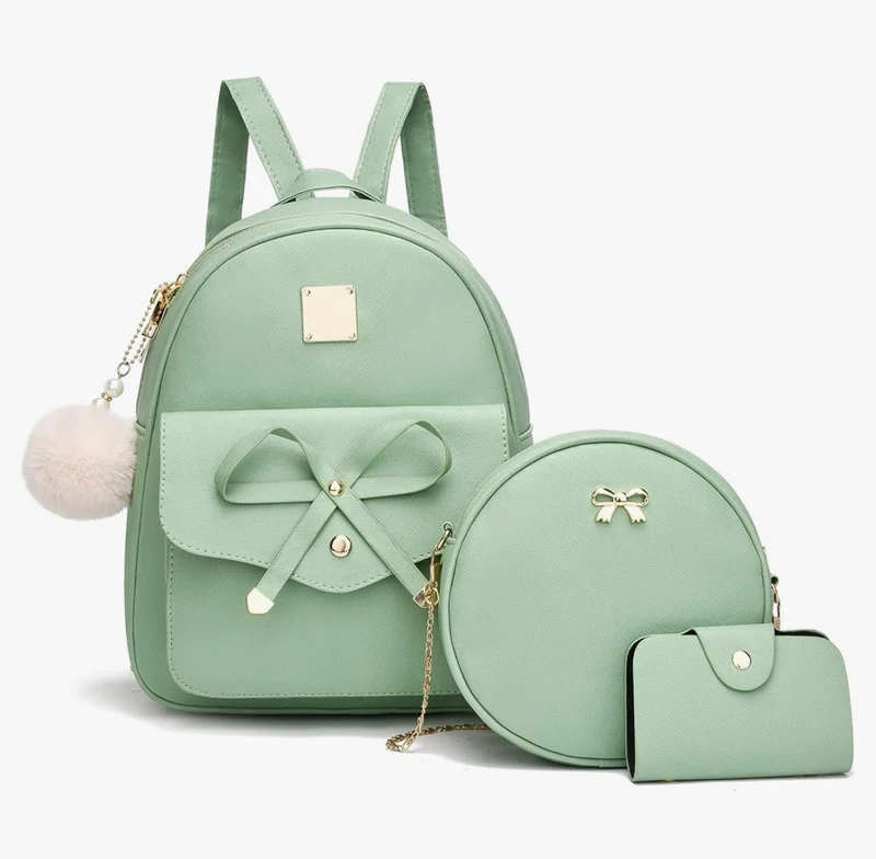 iGirls Bowknot 3-Pieces Fashion Leather Backpack Backpack Purse for Women Rucksack for Ladies Shoulder Bag - (M.Green)