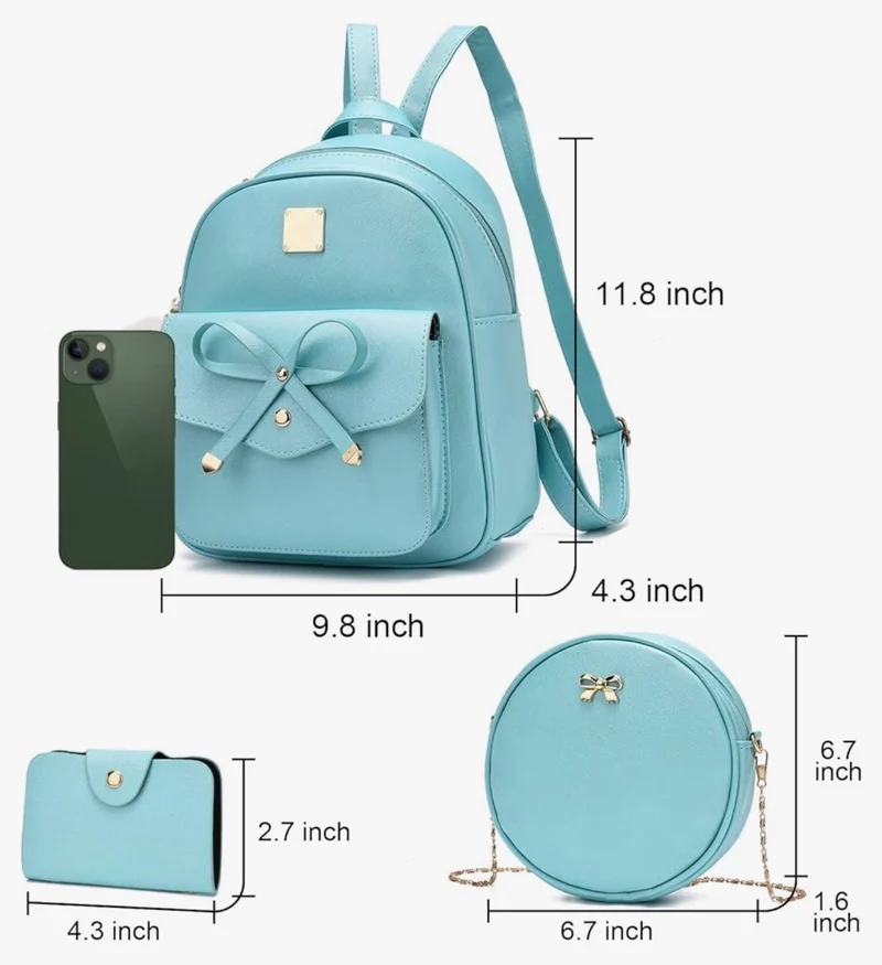 iGirls Bowknot 3-Pieces Fashion Leather Backpack Backpack Purse for Women Rucksack for Ladies Shoulder Bag - (M.Green)