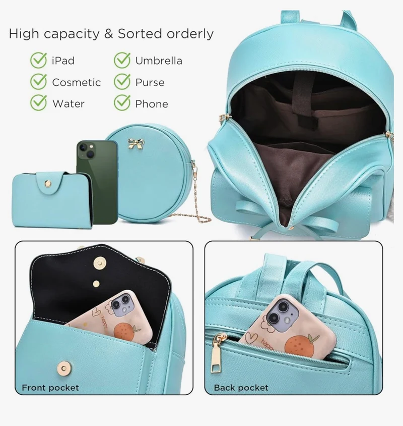 iGirls Bowknot 3-Pieces Fashion Leather Backpack Backpack Purse for Women Rucksack for Ladies Shoulder Bag - (M.Green)