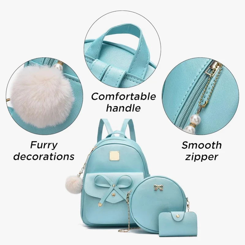 iGirls Bowknot 3-Pieces Fashion Leather Backpack Backpack Purse for Women Rucksack for Ladies Shoulder Bag - (M.Green)