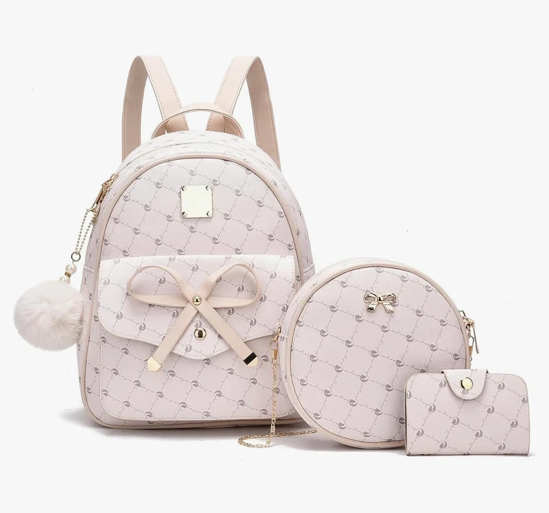 iGirls Bowknot 3-Pieces Fashion Leather Backpack Backpack Purse for Women Rucksack for Ladies Shoulder Bag - (Beige1)