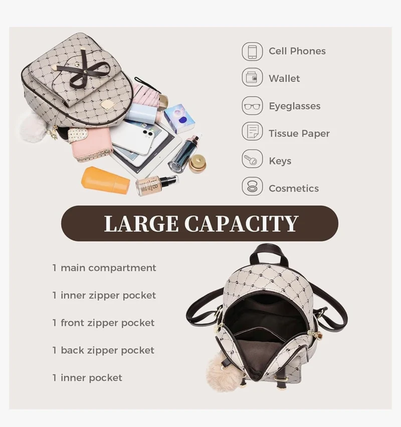 iGirls Bowknot 3-Pieces Fashion Leather Backpack Backpack Purse for Women Rucksack for Ladies Shoulder Bag - (Beige1)