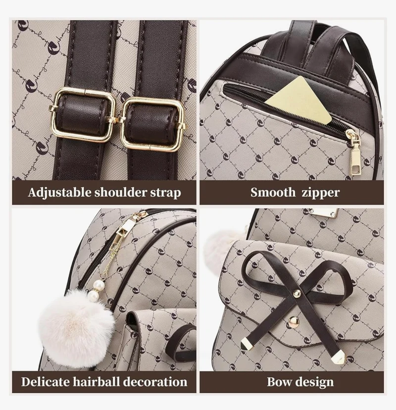 iGirls Bowknot 3-Pieces Fashion Leather Backpack Backpack Purse for Women Rucksack for Ladies Shoulder Bag - (Beige1)